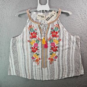 NEW Savanna Jane Sleeveless Top‎ Women 1X Colorful Floral Embroidered White
